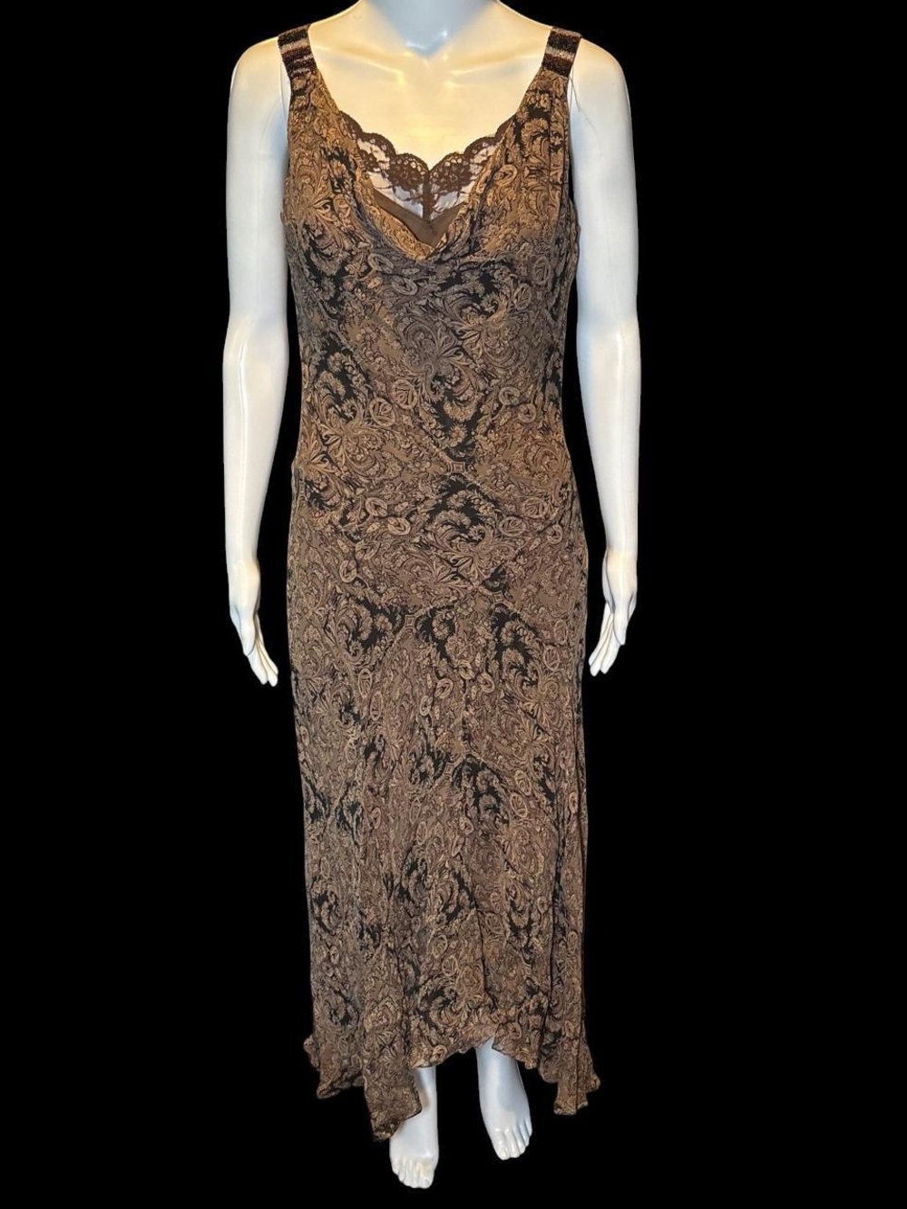 Ice Brown Paisley Lace-Trim Maxi Slip Dress